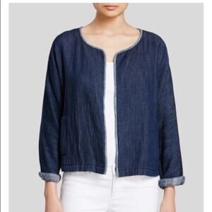 Eileen Fisher Organic Cotton Open Front Denim Jacket Blue Womens Size XS